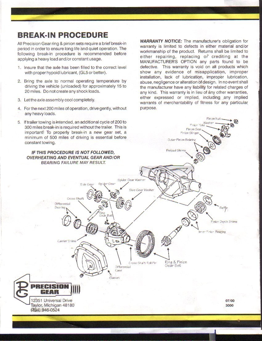 Break-in procedure page with warranty notice and exploded differential diagram, Precision Gear