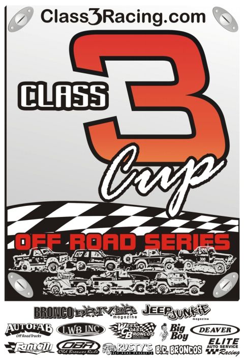 1990 Ford Bronco - Class 3 Cup Off Road Series promotional poster with a large number 3, checkered flag band, race trucks, and sponsor logos.