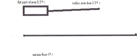 1996 Ford Bronco - Dimensioned sketch of a suspension radius arm showing flat-arm, arm-down and floor reference angles.