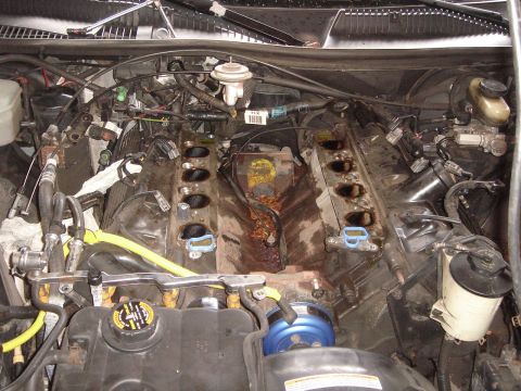 1998 Lincoln Town Car - The engine bay is exposed with the intake manifold removed, revealing the internal components and signs of wear.