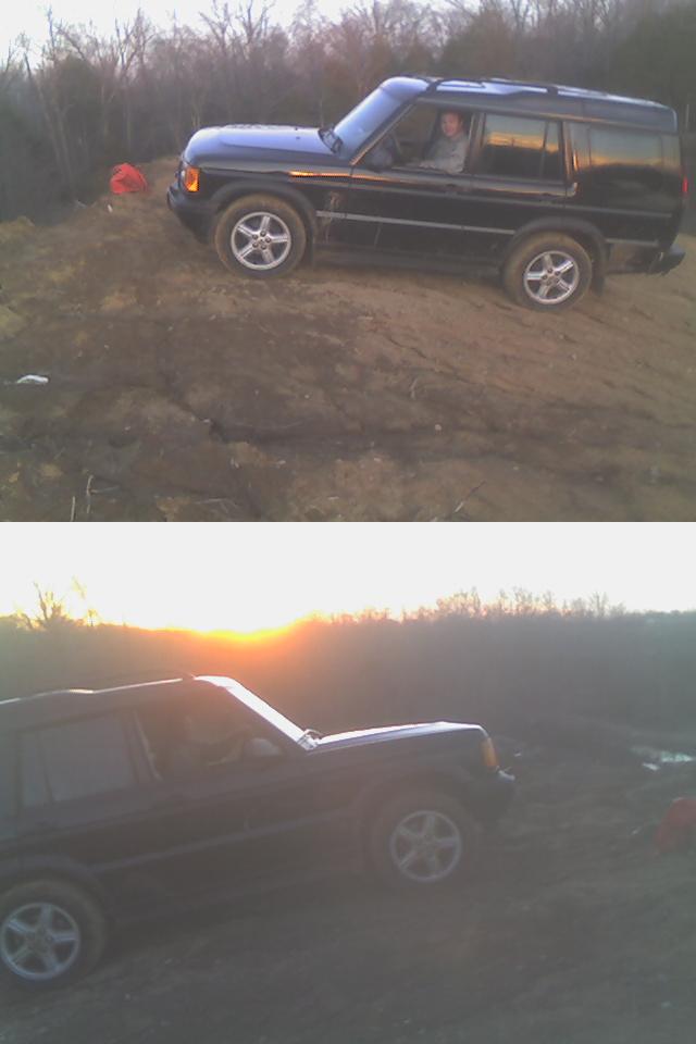 My boss on a gravel mound in his new toy: a '99 Disco2 that he bought from a customer who couldn't afford to fix the blown engine (& all the OTHER busted stuff).  I spent a week totally rebuilding the engine, and the weekend after these pics, he sank it to the doors.  Now it's setting all kinds of codes & running rough...