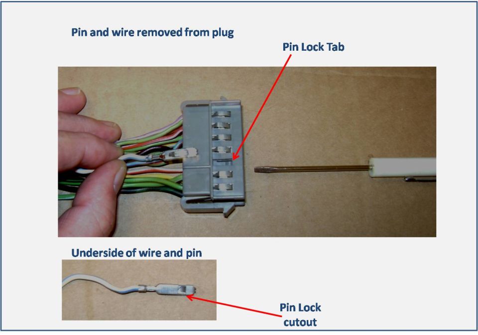Wiring connector with pin and wire removed, labeled diagram