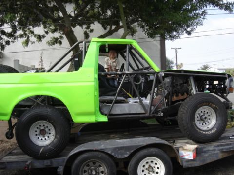 1995 Ford Bronco - This modified 1995 Ford Bronco is set up for off-road racing with its extensive roll cage and stripped-down body.