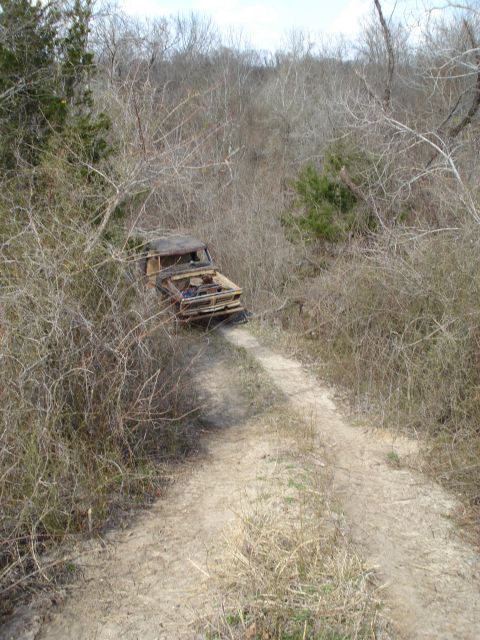 2008 International School Bus - An old truck sits abandoned on a dirt road, partially obscured by overgrown vegetation.