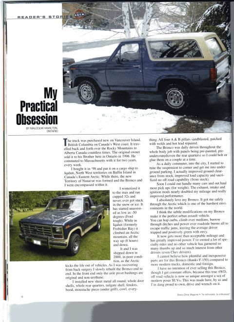 1986 Ford Bronco - In print. I was voted Fullsize of the month September 07' and got this two page write up in Broncodriver magazine.