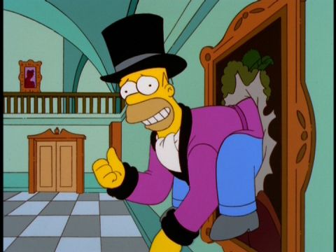 1988 Mercury Grand Marquis - Homer Simpson is shown in a formal outfit, breaking through a painting in a hallway.