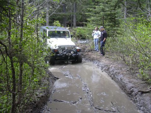 1991 Ford Bronco - A white Jeep Wrangler navigates a deep mud pit on a wooded trail, observed by two onlookers.