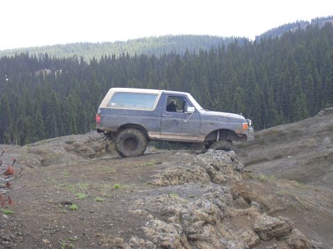 1991 Ford Bronco - A dark blue Ford Bronco navigates a challenging off-road terrain with a dense forest in the background.