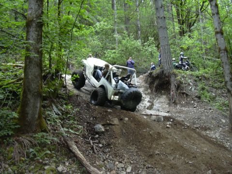 1991 Ford Bronco - An off-road buggy navigates a challenging incline in a wooded area, with spectators observing the action.