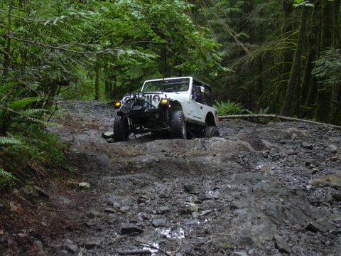1991 Ford Bronco - A white Jeep Wrangler tackles a difficult, muddy, and rocky path surrounded by lush green trees.