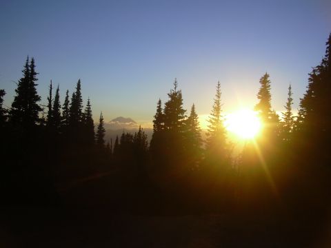 1991 Ford Bronco - The sun dips below the horizon, casting a warm glow over a silhouetted forest and distant mountain.
