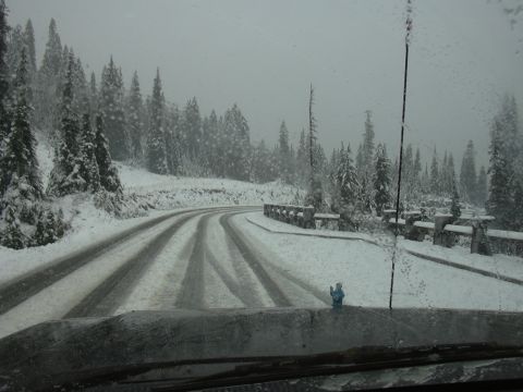1991 Ford Bronco - Driving through a winter landscape with snow falling on the trees and road.