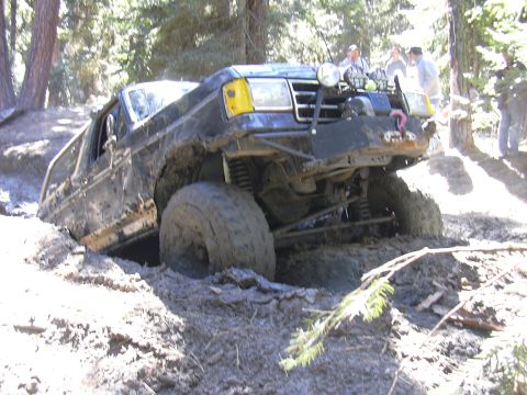 1991 Ford Bronco - Off-road Bronco stuck deep in mud on a wooded trail, showing its modified front end and large tires.