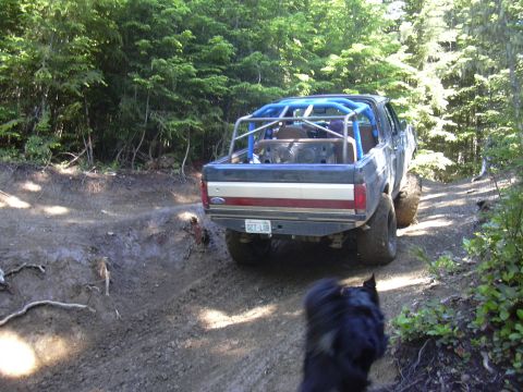 1991 Ford Bronco - A modified Ford pickup truck navigates a muddy trail surrounded by dense forest.