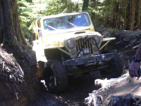 1991 Ford Bronco - An off-road vehicle maneuvers through a challenging, wooded terrain with significant mud and tree roots.