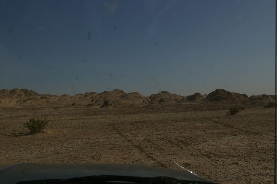 Desert landscape with rolling hills and sparse vegetation under a clear blue sky. Tire tracks are visible in the sand