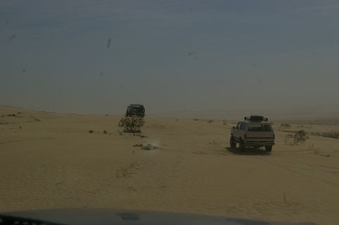 1986 Ford Bronco - Two SUVs traverse a sandy landscape, kicking up dust as they go.