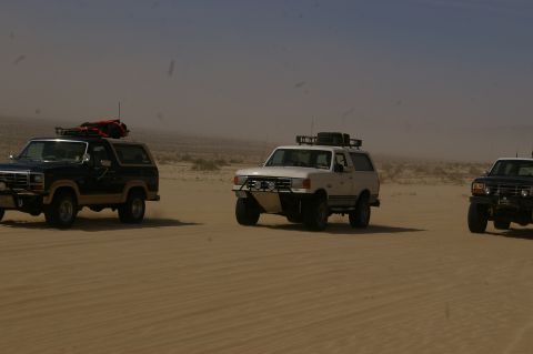 1986 Ford Bronco - Three Ford Broncos traverse a sandy desert terrain under a hazy sky.