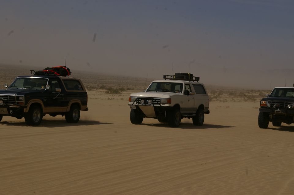 Three Ford Broncos driving in a desert landscape. The lead vehicle is white, the second is dark blue, and the third is dark blue