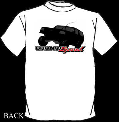 1984 Ford Bronco - Graphic on a white t-shirt depicts a black SUV with "BRONCO Speed" text.