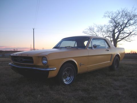 1987 Ford Crown Victoria LTD - A vintage yellow Ford Mustang coupe sits in a grassy field under a twilight sky.