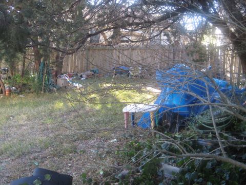 1986 Ford Bronco - A cluttered backyard scene with various items strewn about and a large blue tarp.