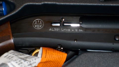 1995 Ford C-350 (Centurion Conversions) - Close-up view of the Beretta AL391 Urika shotgun receiver, showing the model designation and gauge.