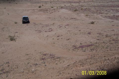 1990 Ford Bronco - A Jeep Wrangler navigates a dusty desert landscape with scattered purple wildflowers.