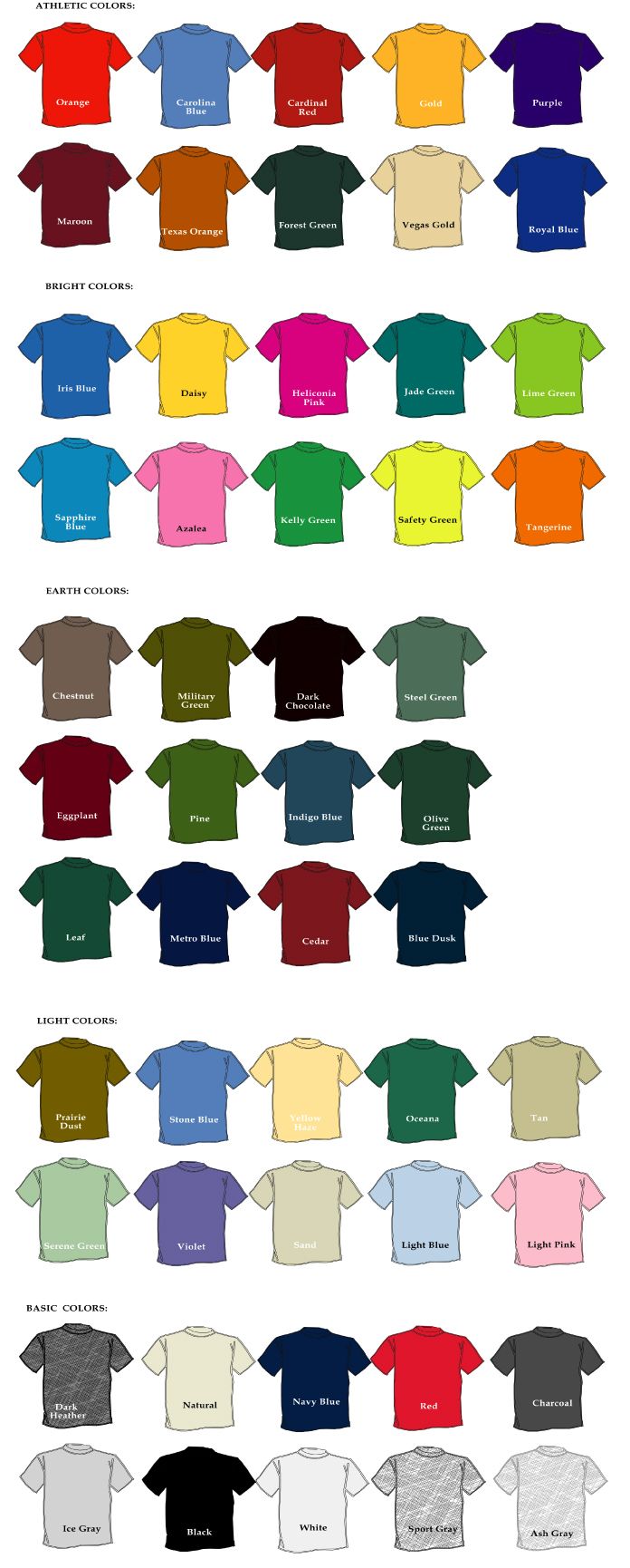 A grid of t-shirt colors with names.