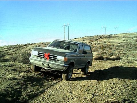 1989 Ford Bronco - This SUV, likely a 1987-1991 Ford Bronco, navigates a dirt path on a sunny day.