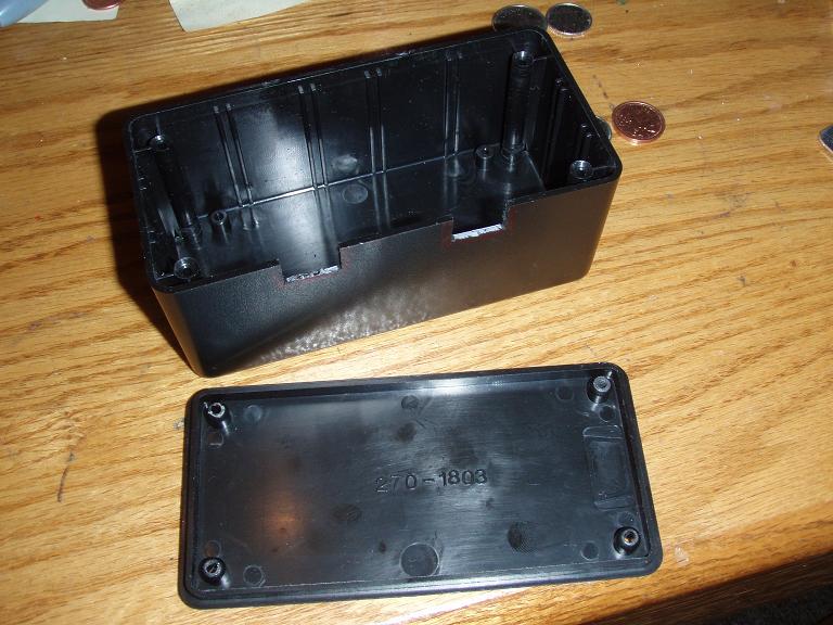 Black Plastic PVC box as a casing.
i got it at "The Source" / "radioshack" for $5
