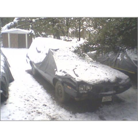 1972 Ford Ranchero - A vehicle sits covered in snow, partially obscured by a tarp, in a winter setting.