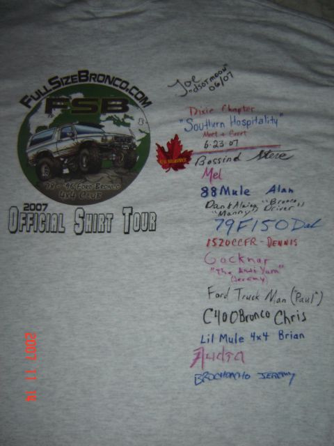 1993 Ford Bronco - This t-shirt commemorates the 2007 Official Shirt Tour for the Full Size Bronco 4x4 Club.