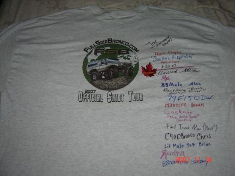 1993 Ford Bronco - This t-shirt commemorates the 2007 FSB Official Shirt Tour with a graphic and signatures from participants.