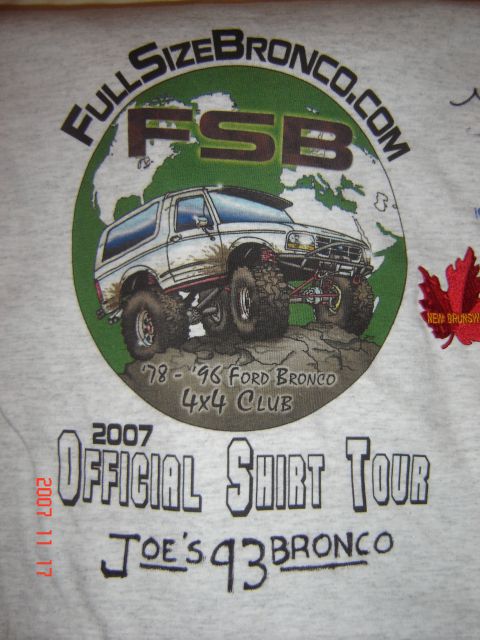 1993 Ford Bronco - This t-shirt graphic depicts a lifted 1978-1996 Ford Bronco, with text indicating 'Joe's 93 Bronco' and 'Official Shirt Tour 2007'.