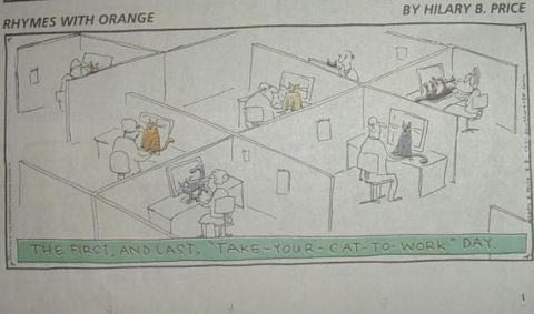 2001 Isuzu Vehicross - A cartoon depicts the chaos of a "take-your-cat-to-work" day in an office, with cats interacting with computers and people.