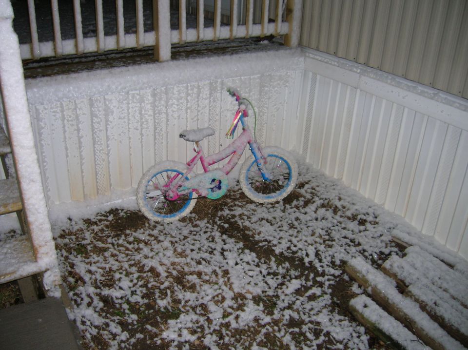 Pink and blue bicycle covered in snow on a deck