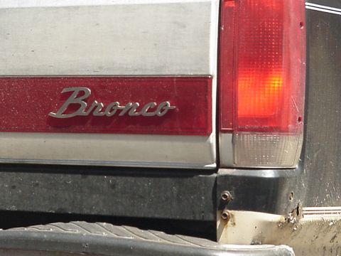 1993 Ford Bronco - Close-up of the lower tailgate of a Ford Bronco showing the chrome script "Bronco" badge on a red reflective panel in a brushed-aluminum tr…
