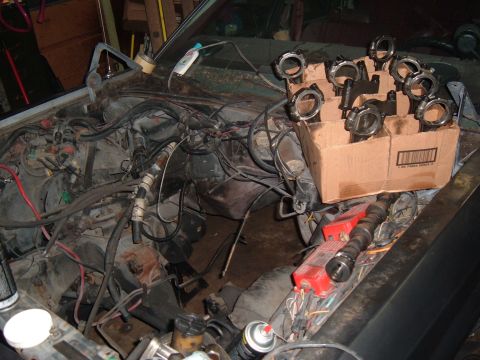 1981 Ford LTD - Pistons in a box, on a cam, above a big hole where a 600hp motor resides.