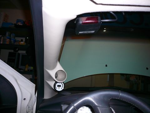 1996 Ford Probe - Car interior showing an A-pillar gauge pod with digital and analog gauges installed.