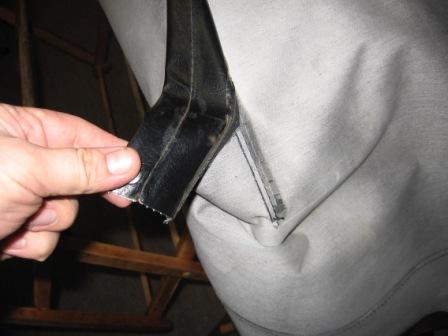 1993 Ford Bronco - Interior of roof, right support arm snap flap in need of sewing