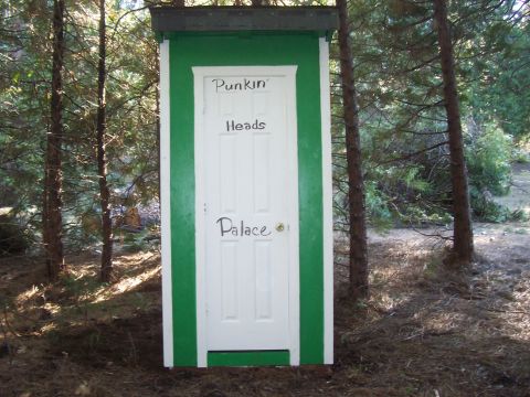 1994 Ford F-150 - An outhouse labeled 'Punkin Heads Palace' stands in a forest clearing.