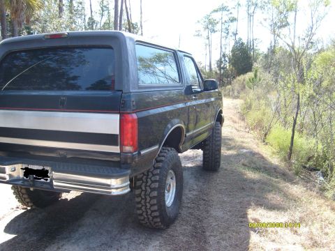 1992 Ford Bronco - This 1992 Ford Bronco is seen from the rear on a dirt road surrounded by trees.