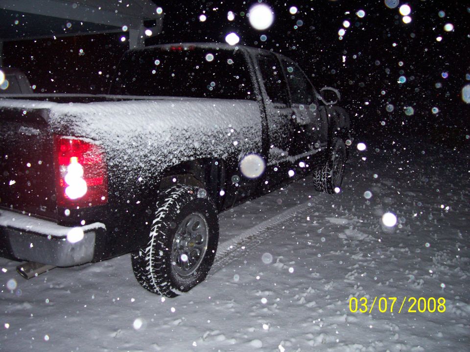 Rear view of black pickup truck in snow, 2008 date stamp visible
