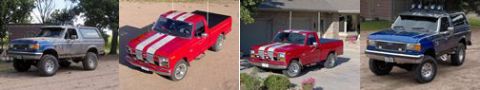 1987 Ford Bronco - Four lifted trucks are parked outdoors. Two are blue Ford Broncos and two are red Ford pickups.