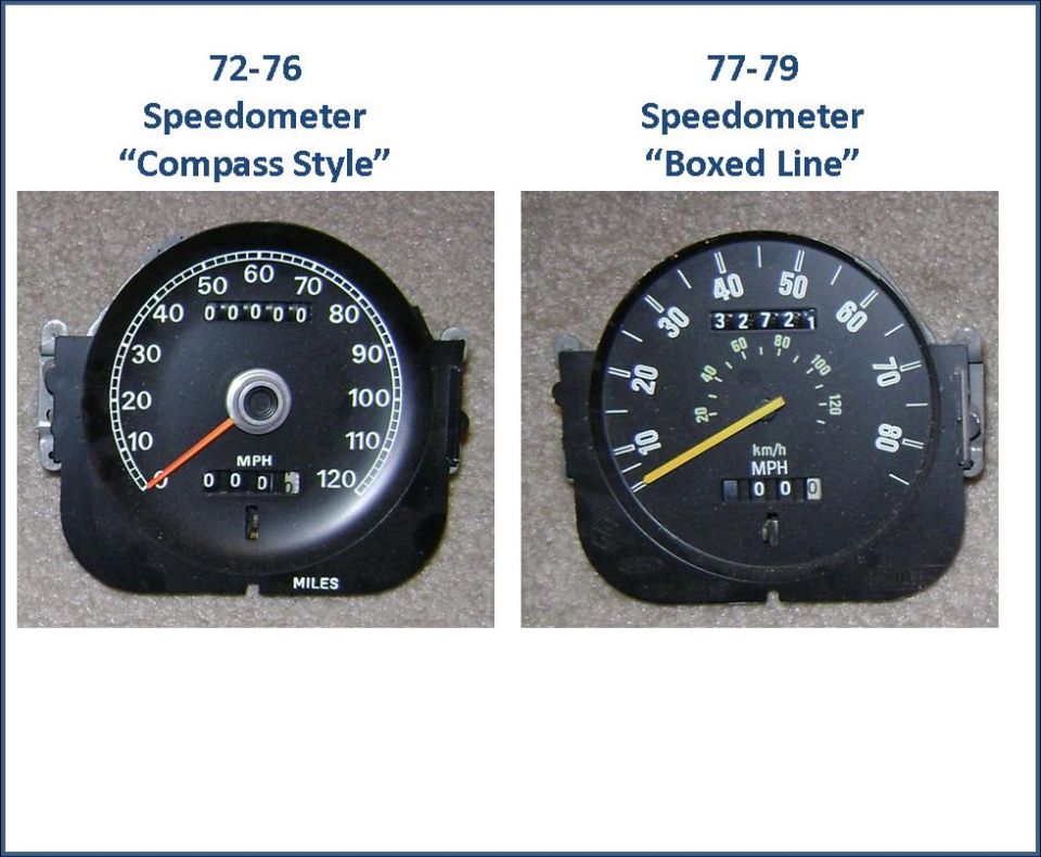 Comparison of 72-76 compass-style and 77-79 boxed-line speedometers