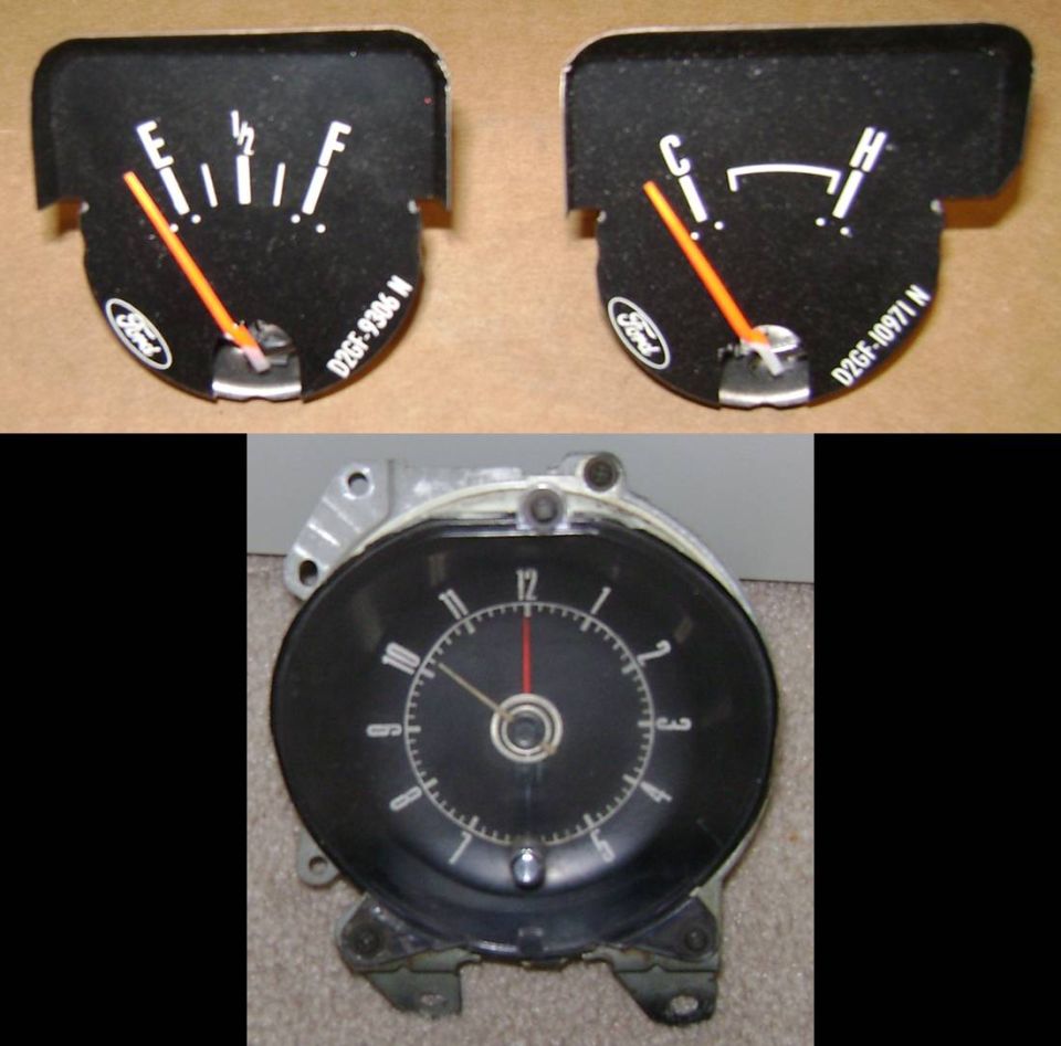 Ford fuel and temperature gauges and dash clock with part numbers D2GF