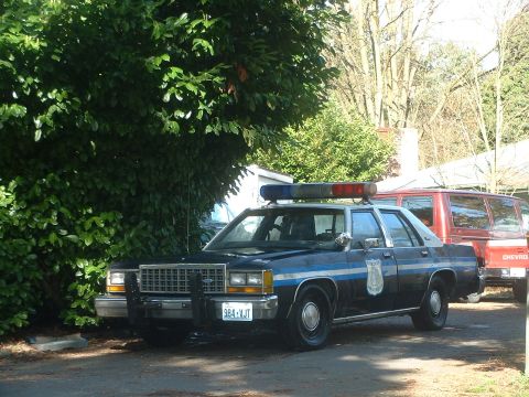 1987 Ford Crown Victoria LTD - This 1987 Ford Crown Victoria LTD police car is parked outside, with a red van visible behind it.