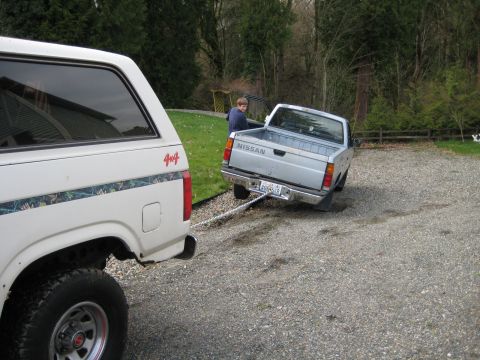 1980 Ford Bronco - A white Ford Bronco is towing a silver Nissan pickup truck on a gravel driveway with trees in the background.