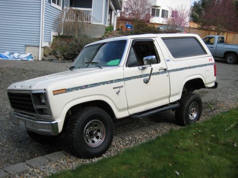 1980 Ford Bronco - 1980 Ford Bronco with custom side decals parked in a residential driveway.